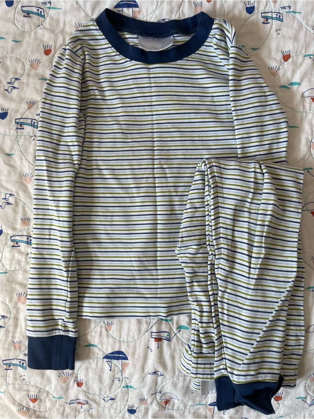 Kids Striped Long-Sleeve Pajama Set in Navy and Light Green